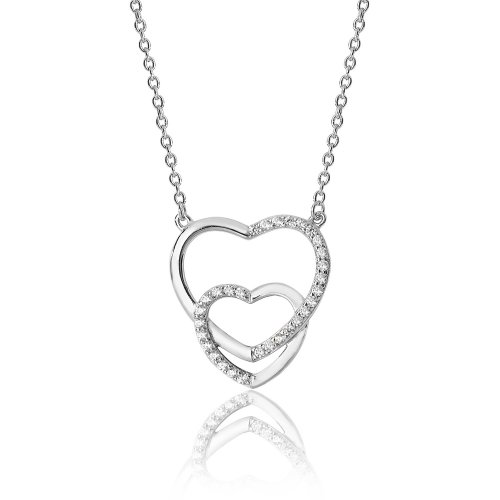 Silver Interlinked Double Heart Shape Plain And Cz Set Pendant And Chain SPG0033CZ