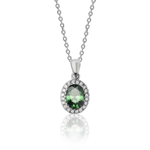 Silver Green Oval Cluster Cz Pendant And Chain SPG0035EM