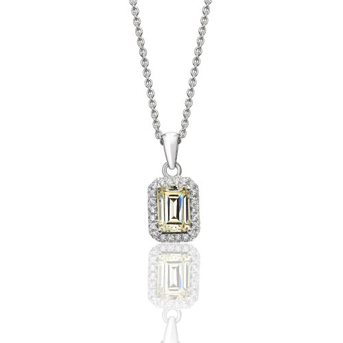 Silver Halo Yellow Emerald Cut Cz Bezel Set Pendant And Chain SPG0027YZ