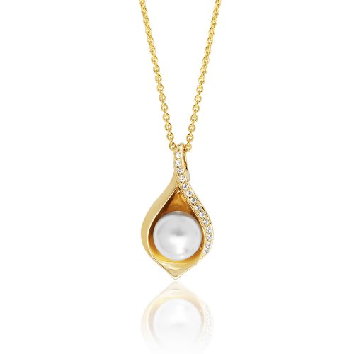 Silver Yellow Gold Plated Pave Set Cz Shell And Pearl Pendant And Chain SPG0051Y