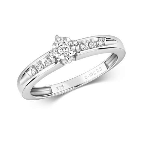 Diamond Illusion Set Solitaire With Grain Set Shoulders Ring In 9ct White Gold 