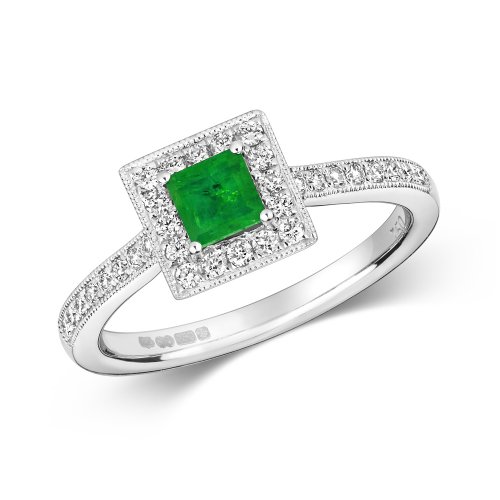 Diamond & Emerald Square Cluster With Set Shoulders Ring In 9ct White Gold 