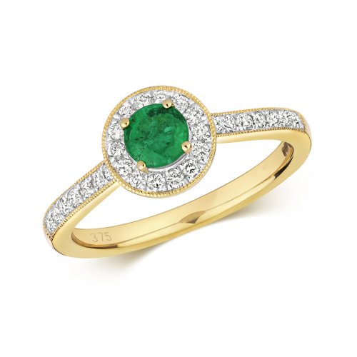 Diamond & Emerald Round Cluster With Set Shoulders Ring In 9ct Gold 