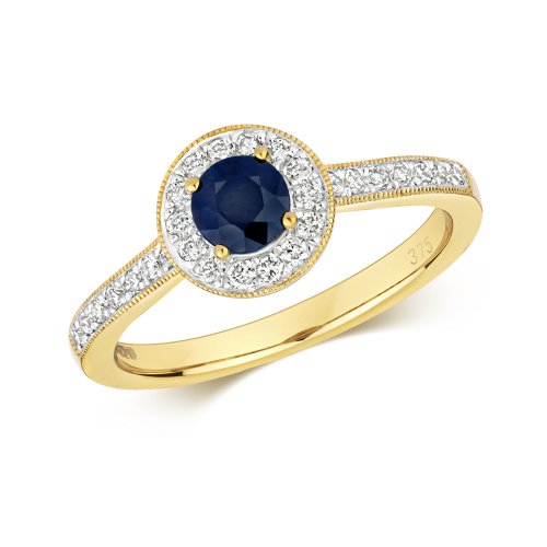 Diamond & Sapphire Round Cluster With Set Shoulders Ring In 9ct Gold 
