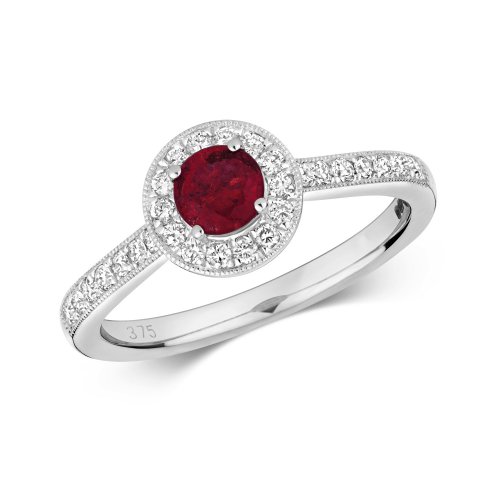 Diamond & Ruby Round Cluster With Set Shoulders Ring In 9ct White Gold 