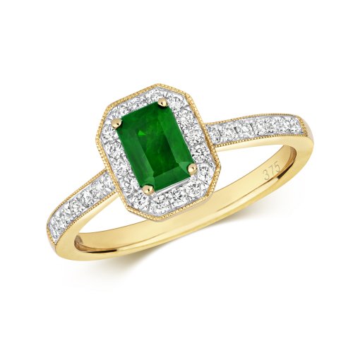 Diamond & Emerald Octagon Cluster With Set Shoulders Ring In 9ct Gold 