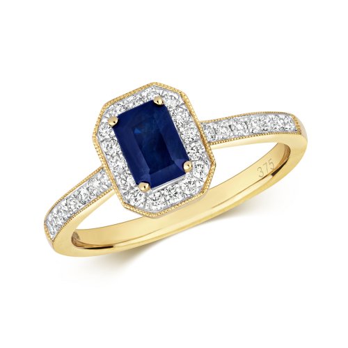 Diamond & Sapphire Octagon Cluster With Set Shoulders Ring In 9ct Gold 