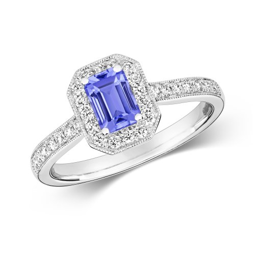 Diamond & Tanzanite Octagon Cluster With Set Shoulders Ring In 9ct White Gold 