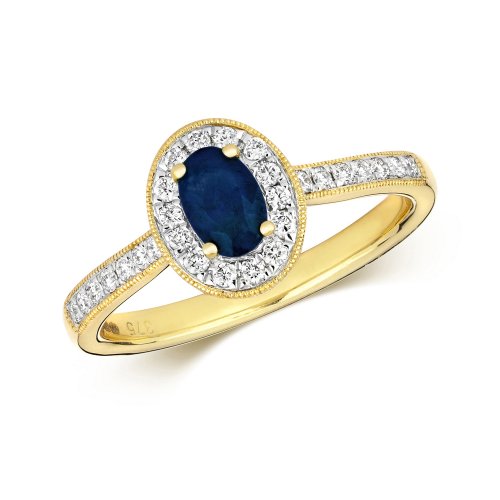 Diamond & Sapphire Oval Cluster With Set Shoulders Ring In 9ct Gold 