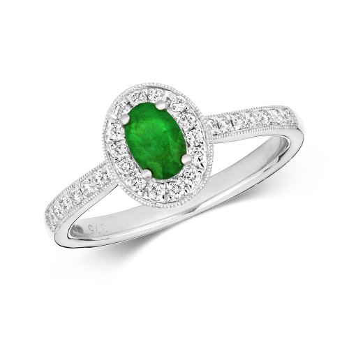 Diamond & Emerald Oval Cluster With Set Shoulders Ring In 9ct White Gold 