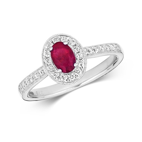 Diamond & Ruby Oval Cluster With Set Shoulders Ring In 9ct White Gold 