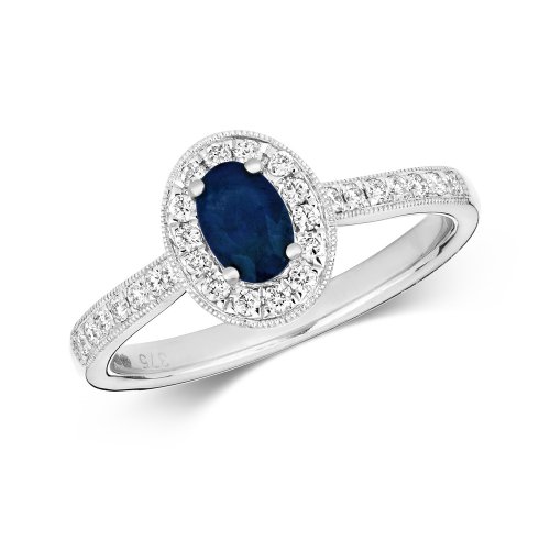Diamond & Sapphire Oval Cluster With Set Shoulders Ring In 9ct Gold 