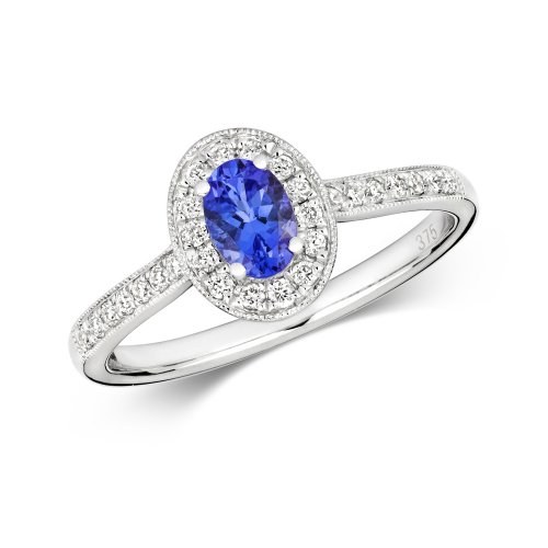 Diamond & Tanzanite Oval Cluster With Set Shoulders Ring In 9ct White Gold 