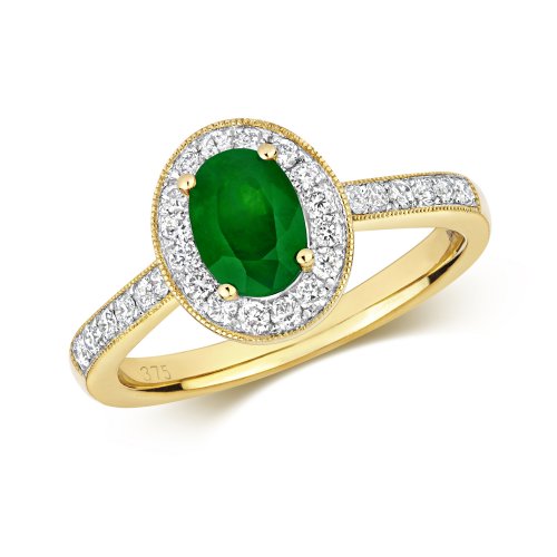 Diamond & Emerald Oval Cluster With Set Shoulders Ring In 9ct Gold 