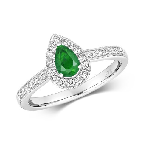 Diamond & Emerald Pear Shape Cluster With Set Shoulders Ring In 9ct White Gold 