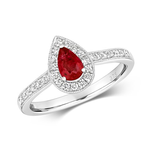Diamond & Ruby Pear Shape Cluster With Set Shoulders Ring In 9ct White Gold 