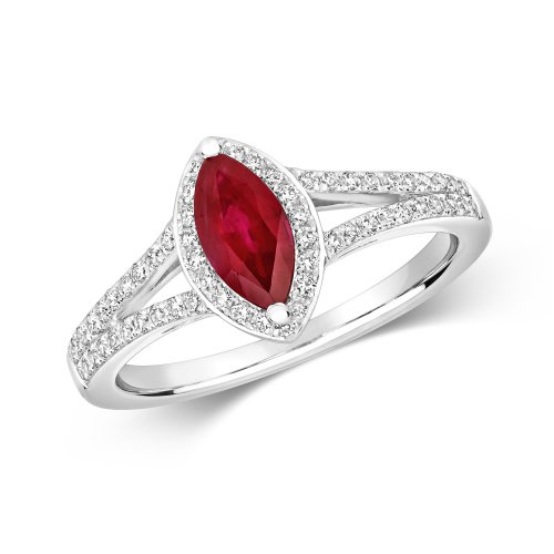 Diamond & Ruby Marquise Cluster With Set Split Shoulders Ring In 9ct White Gold 