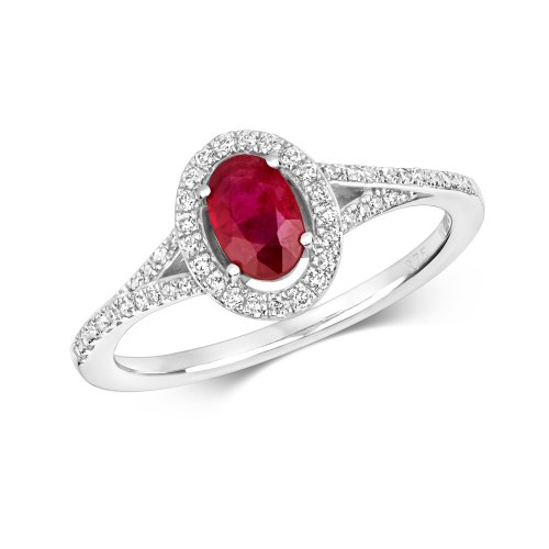 Diamond & Ruby Oval Cluster With Set Split Shoulders Ring In 9ct White Gold 
