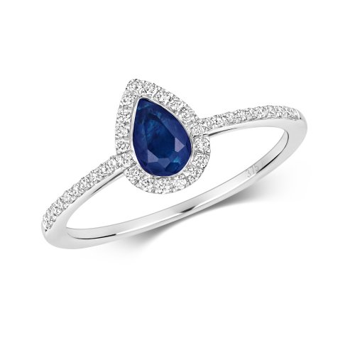 Diamond & Sapphire Pear Shape Cluster With Set Shoulders Ring In 9ct White Gold 