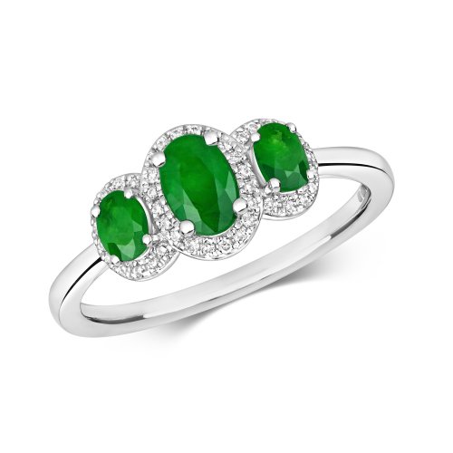 Diamond & Emerald Oval Trilogy Cluster Ring In 9ct White Gold 