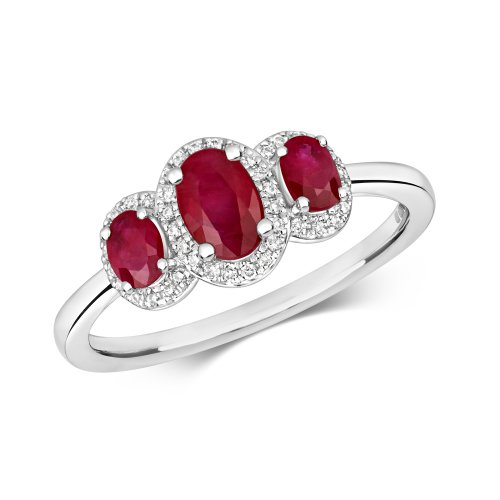 Diamond & Ruby Oval Trilogy Cluster Ring In 9ct White Gold 