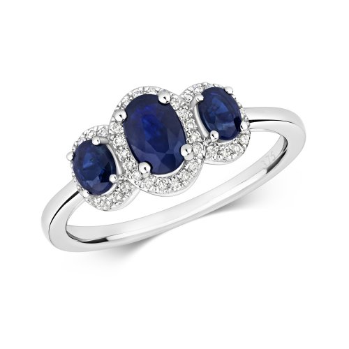 Diamond & Sapphire Oval Trilogy Cluster Ring In 9ct White Gold 
