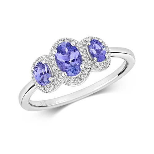 Diamond & Tanzanite Oval Trilogy Cluster Ring In 9ct White Gold 
