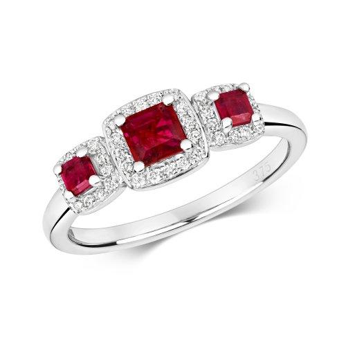 Diamond & Ruby Square Trilogy Cluster Ring In 9ct White Gold 