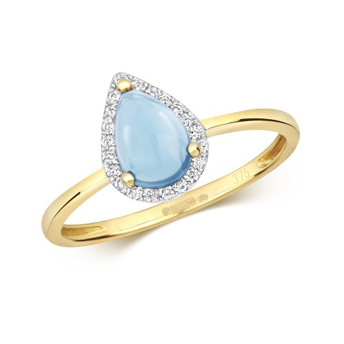 Diamond & Blue Topaz Par Shape Cabochon Ring In 9ct Gold 