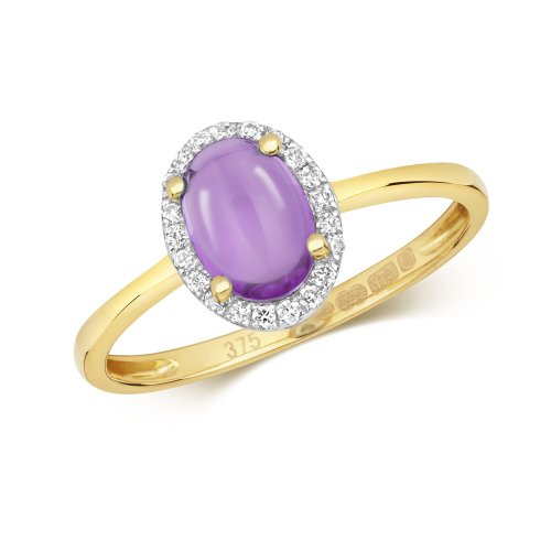 Diamond & Amethyst Oval Cabochon Ring In 9ct Gold 