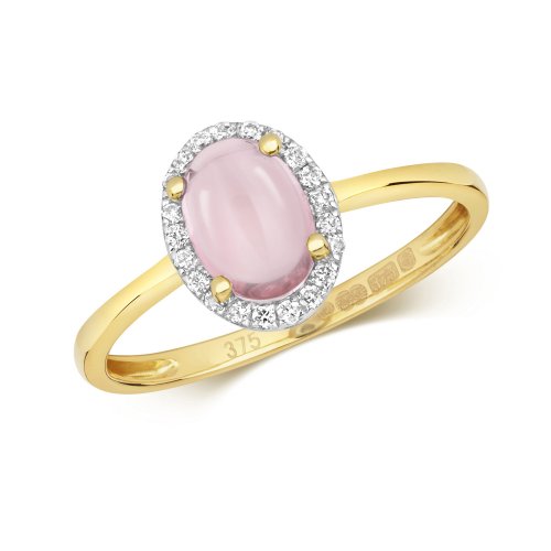Diamond & Rose Quartz Oval Cabochon Ring In 9ct Gold 