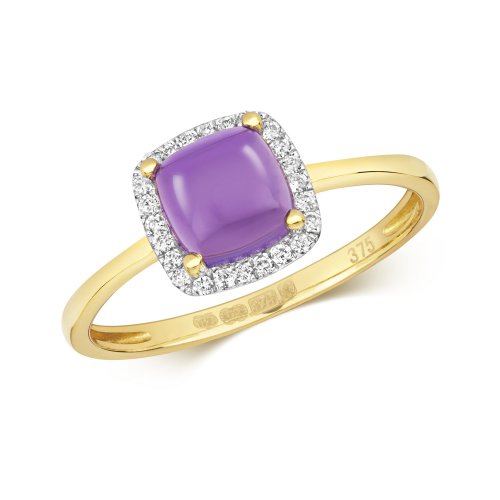 Diamond & Amethyst Cushion Cabochon Ring In 9ct Gold 