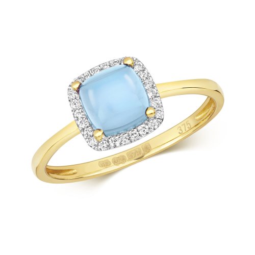 Diamond & Blue Topaz Cushion Cabochon Ring In 9ct Gold 