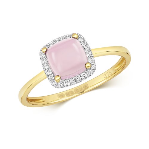 Diamond & Rose Quartz Cushion Cabochon Ring In 9ct Gold 