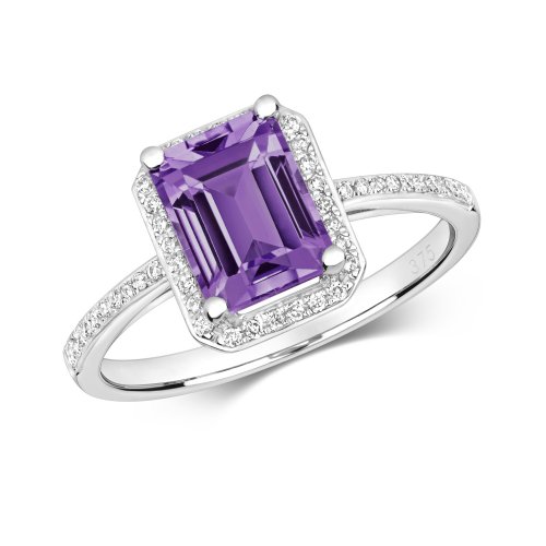 Diamond & Amethyst Octagon Cluster With Set Shoulders Ring In 9ct Gold 