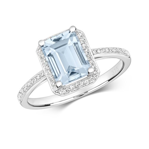 Diamond & Aquamarine Octagon Cluster With Set Shoulders Ring In 9ct White Gold 