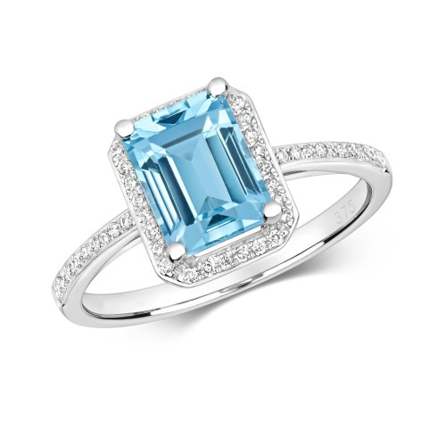 Diamond & Blue Topaz Octagon Cluster With Set Shoulders Ring In 9ct White Gold 