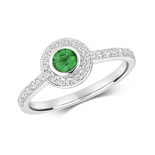 Diamond & Emerald Round Rubover With Set Soulders Ring In 9ct White Gold 