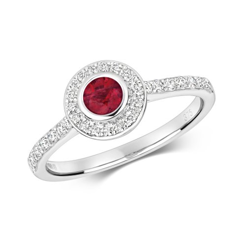 Diamond & Ruby Round Rubover With Set Soulders Ring In 9ct White Gold 