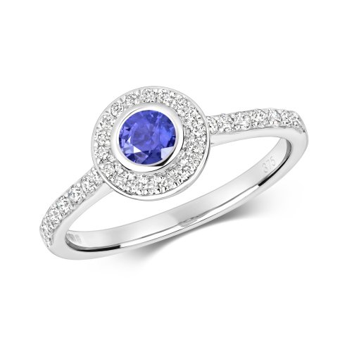 Diamond & Tanzanite Round Rubover With Set Soulders Ring In 9ct White Gold 