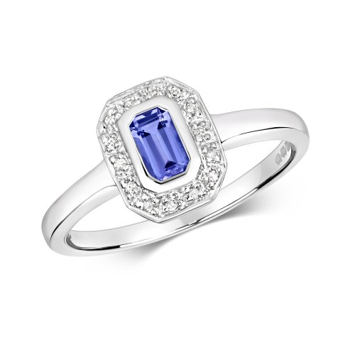 Diamond & Tanzanite Octagon Cluster Ring In 9ct White Gold 
