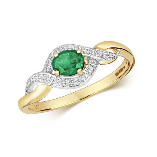 Diamond & Emerald Oval Wrap Ring In 9ct Gold 