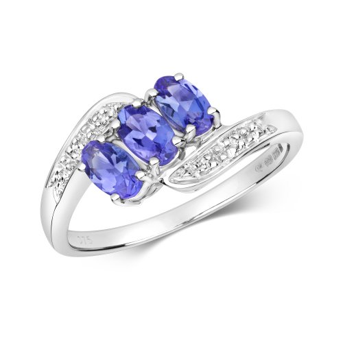 Diamond & Tanzanite Oval Trilogy Crossover Ring In 9ct White Gold 