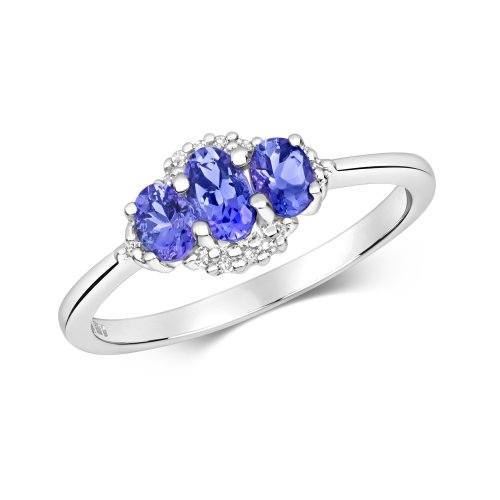 Diamond & Tanzanite Oval Trilogy Ring In 9ct White Gold 