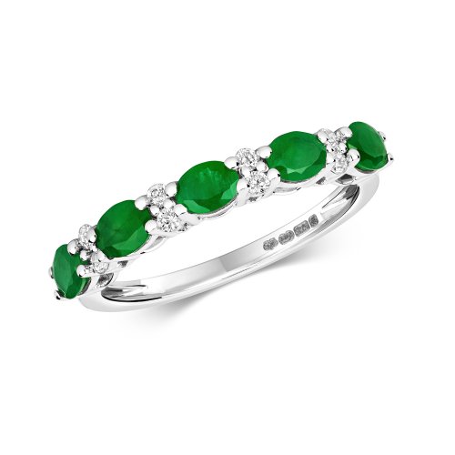 Diamond & Emerald Oval Claw Set Half Eternity Ring In 9ct White Gold 