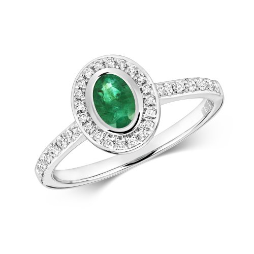 Diamond & Emerald Oval Rubover Cluster With Set Shoulders Ring In 9ct White Gold 