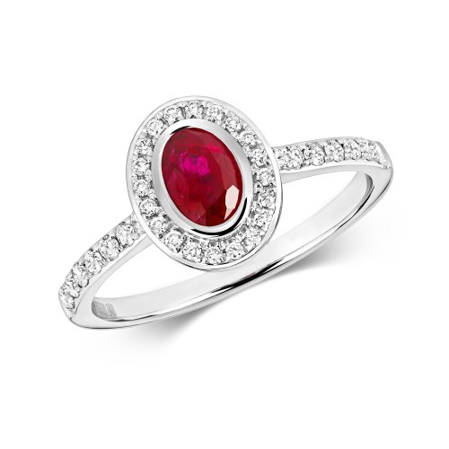 Diamond & Ruby Oval Rubover Cluster With Set Shoulders Ring In 9ct White Gold 