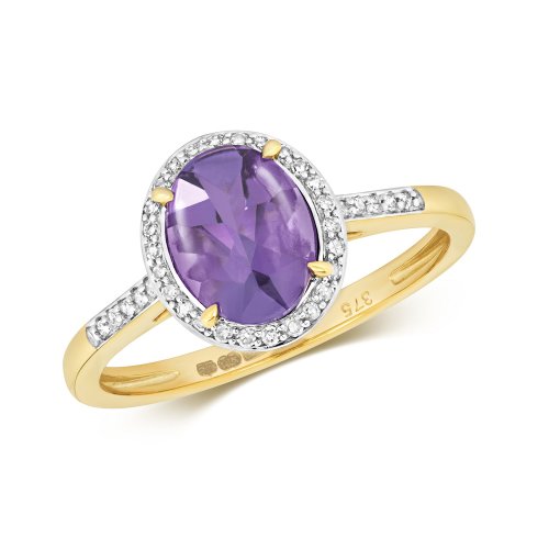 Diamond & Amethyst Oval Cluster With Set Shoulders Ring In 9ct Gold 
