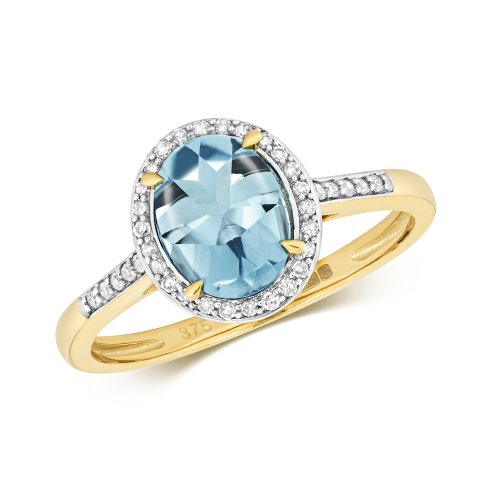 Diamond & Light Swiss Blue Topaz Oval Cluster With Set Shoulders Ring In 9ct Gold 