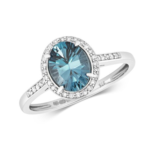 Diamond & London Blue Topaz Oval Cluster With Set Shoulders Ring In 9ct White Gold 